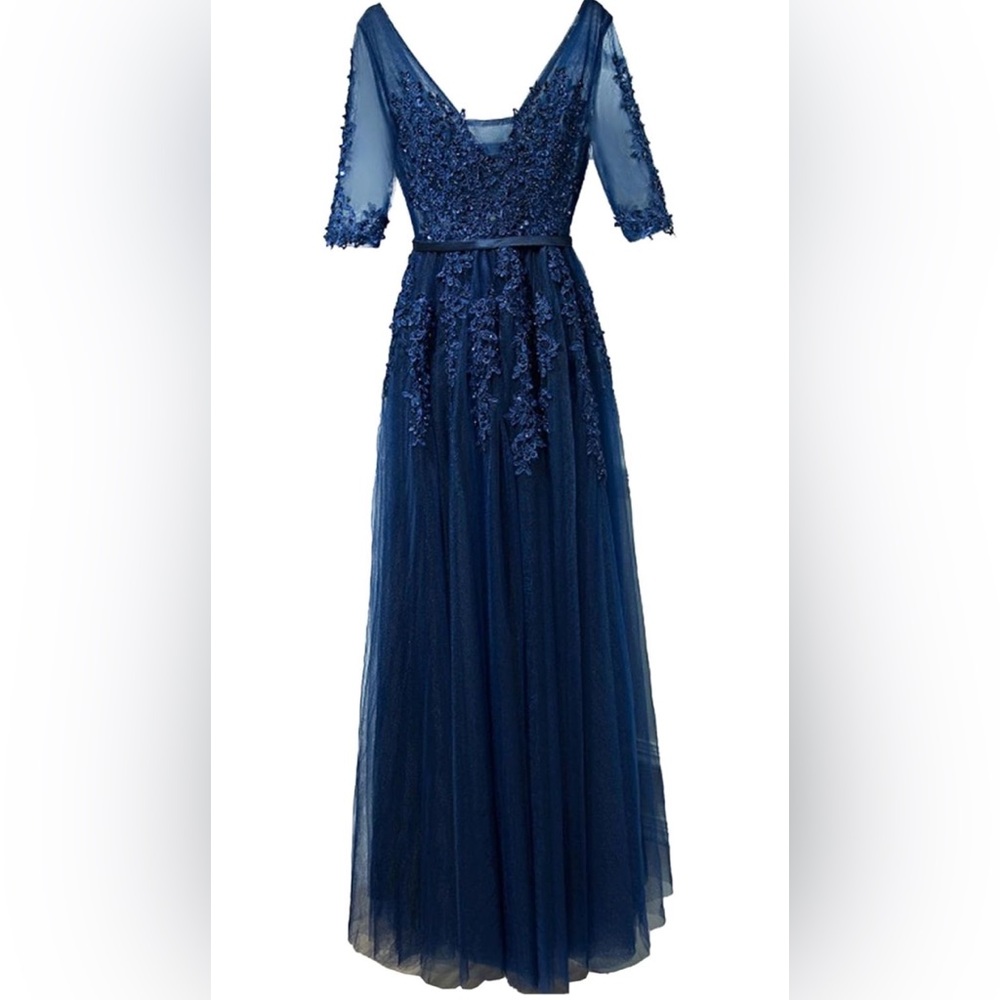 Womens V Neck Mesh Floral Appliqué Tulle Formal Gown